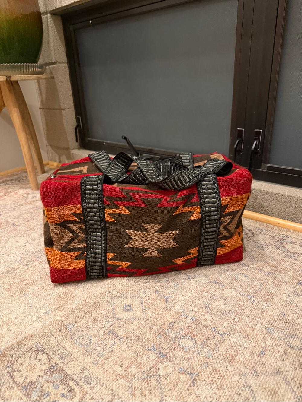 Southwestern-Style Canvas Duffel Bag in Red, Orange & Brown